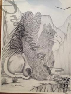 Pencil drawing of a griffin on a cliffside 14x16 1/2 $20.