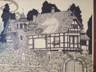 Pencil drawing of wizard's cottage there are twenty lizards hiding in the picture(Not Jar Jar Binks) 14x16 1/2 $20.
