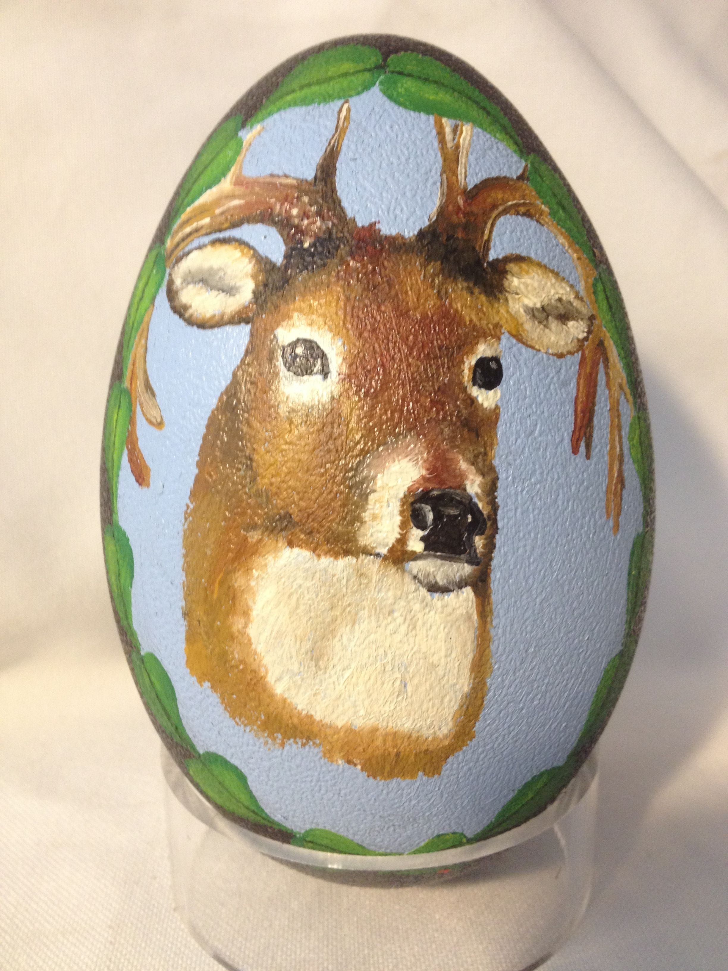 Oil paint on emu egg of close up of buck $40.