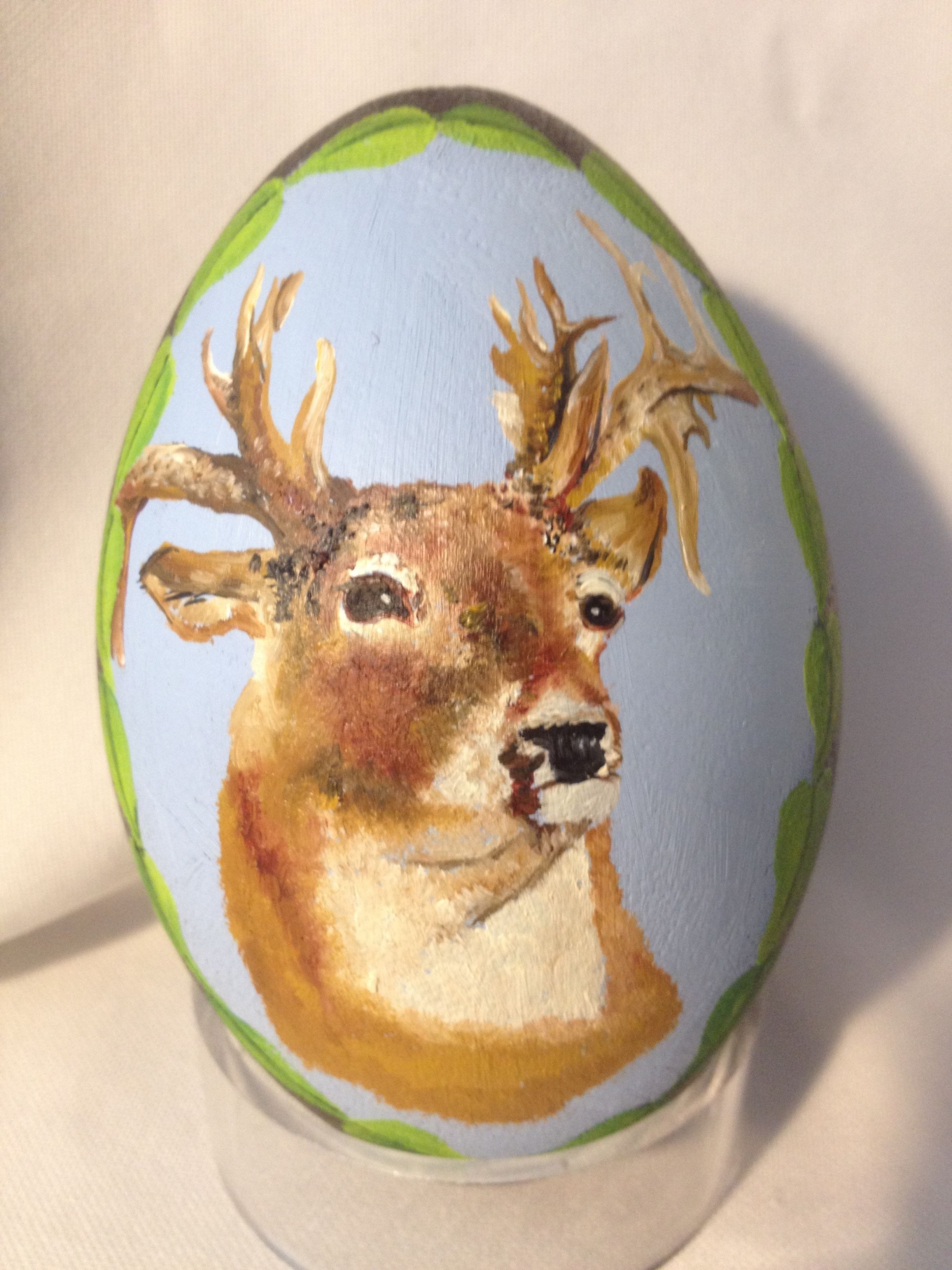 Oil paint on emu egg of close up of buck.$40.