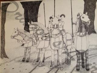 Pencil drawing of row of knights 18x12 1/2 $15.