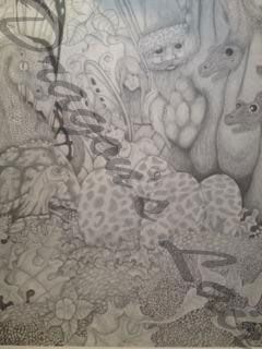 Pencil drawing of forest creatures finding a nestof eggs 14x16 1/2 $20.
