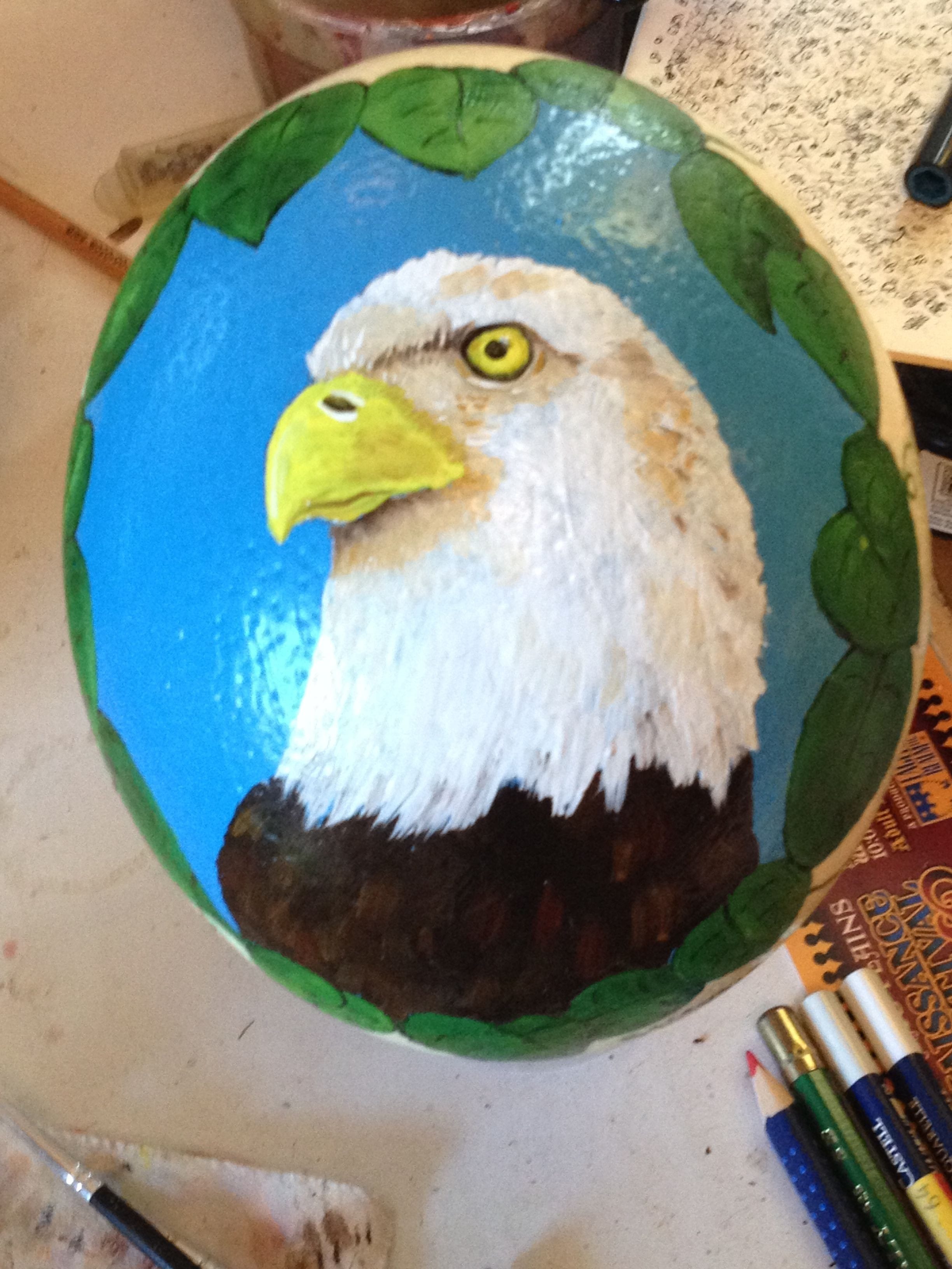 Oil painting of eagle on ostrige  egg. $80.