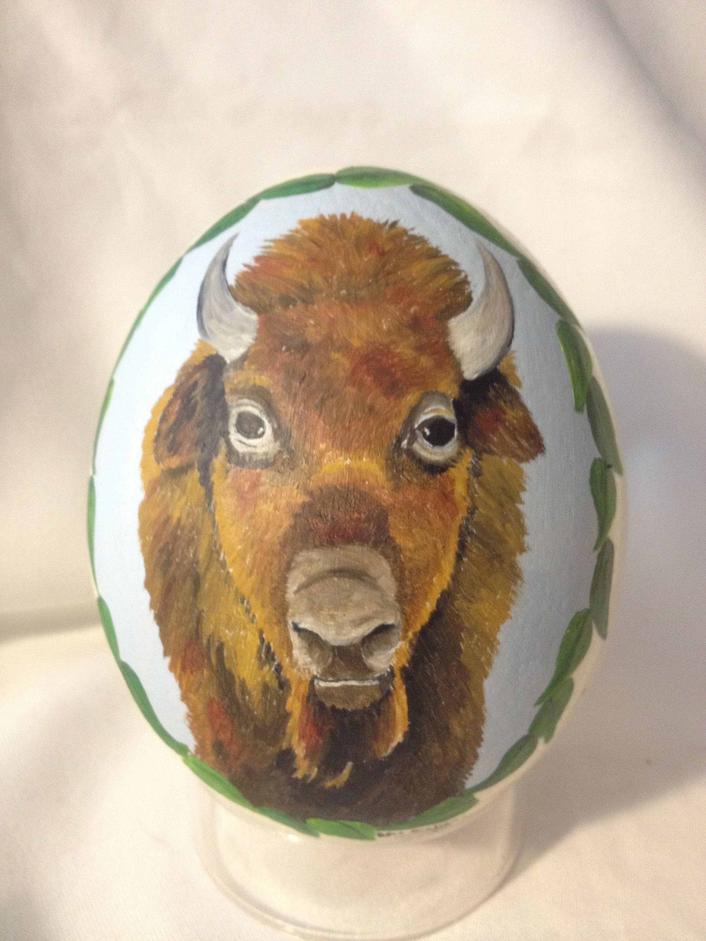 Oil painted Rhea egg with Bison $40.
